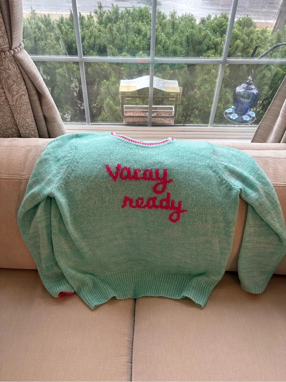 Lilly Pulitzer Mint Green "Vacay Ready" Crewneck Sweater with Pink Script - Picture 1 of 3